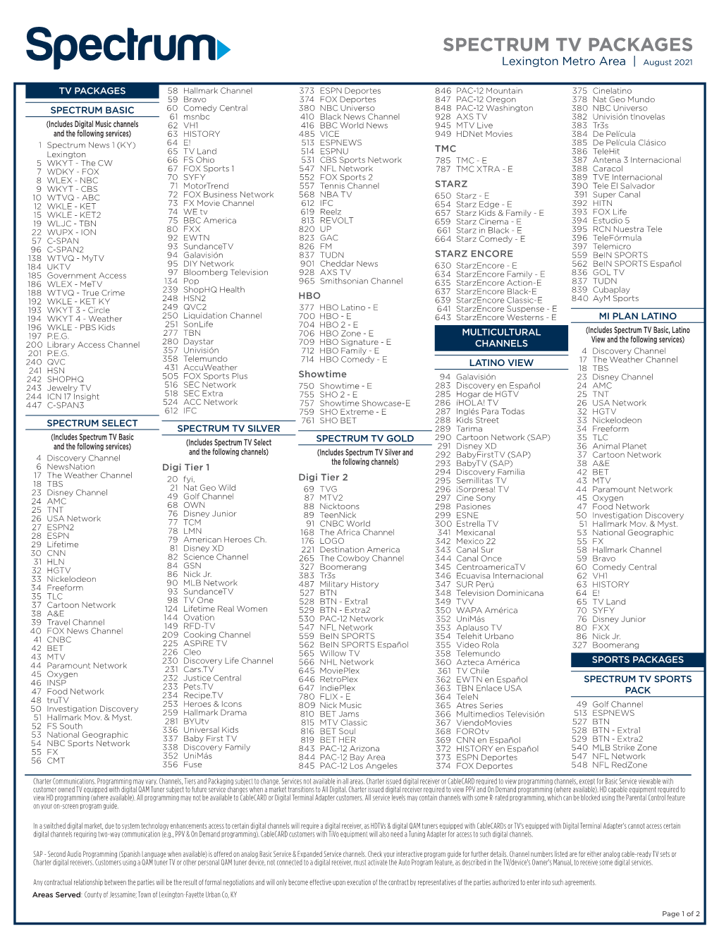 SPECTRUM TV PACKAGES Lexington Metro Area | August 2021