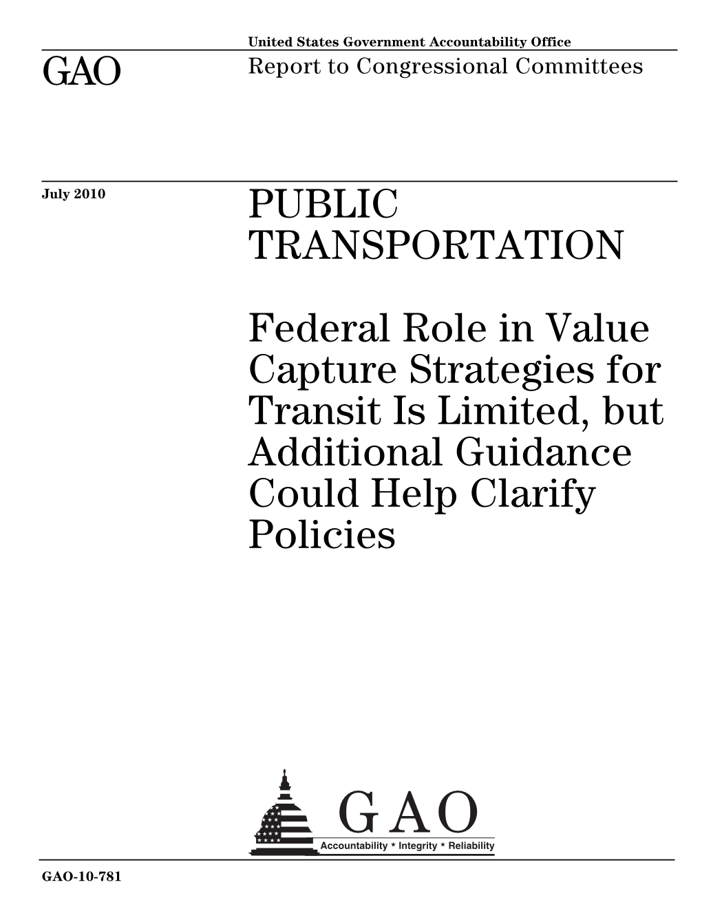 GAO-10-781 Public Transportation: Federal Role in Value Capture