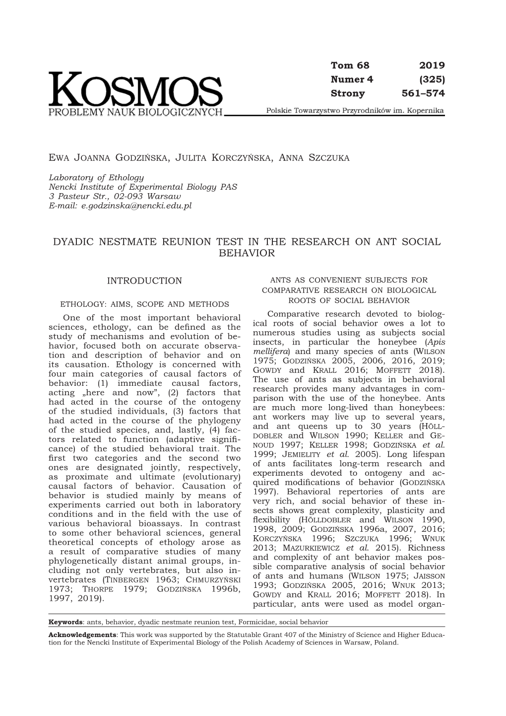 Dyadic Nestmate Reunion Test in the Research on Ant Social Behavior