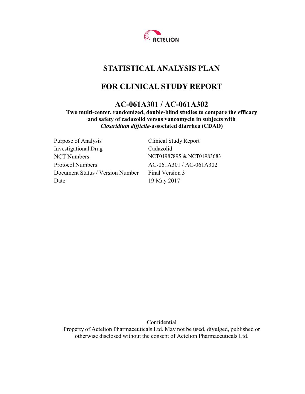 Statistical Analysis Plan for Clinical Study Report Ac-061A301 / Ac