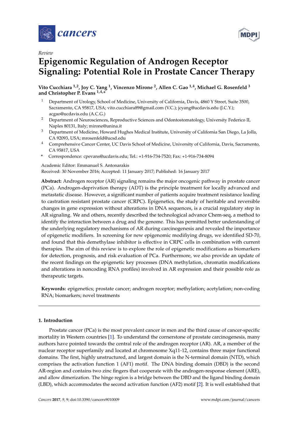 Epigenomic Regulation of Androgen Receptor Signaling: Potential Role in Prostate Cancer Therapy