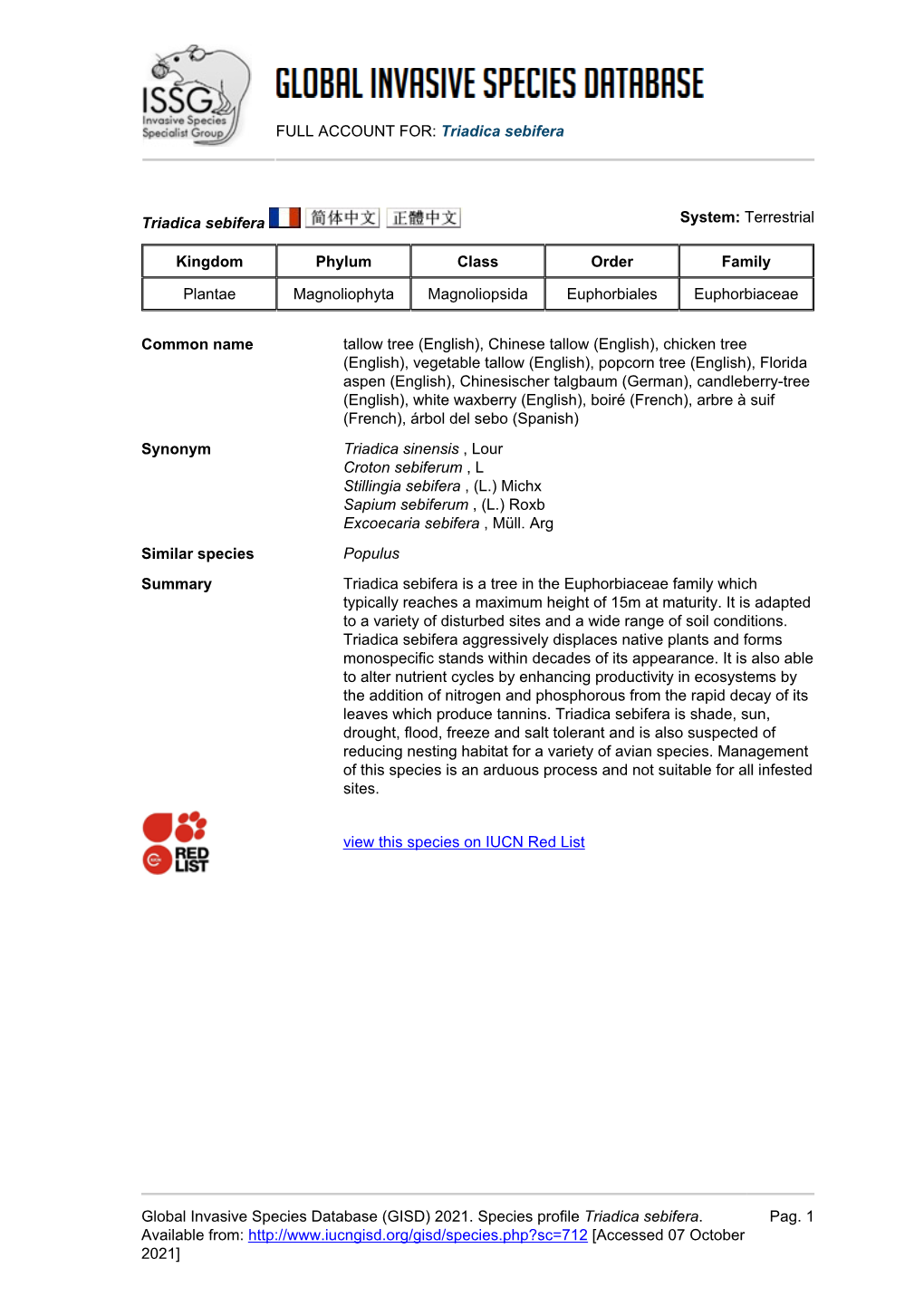 FULL ACCOUNT FOR: Triadica Sebifera Global Invasive Species Database (GISD) 2021. Species Profile Triadica Sebifera. Available F