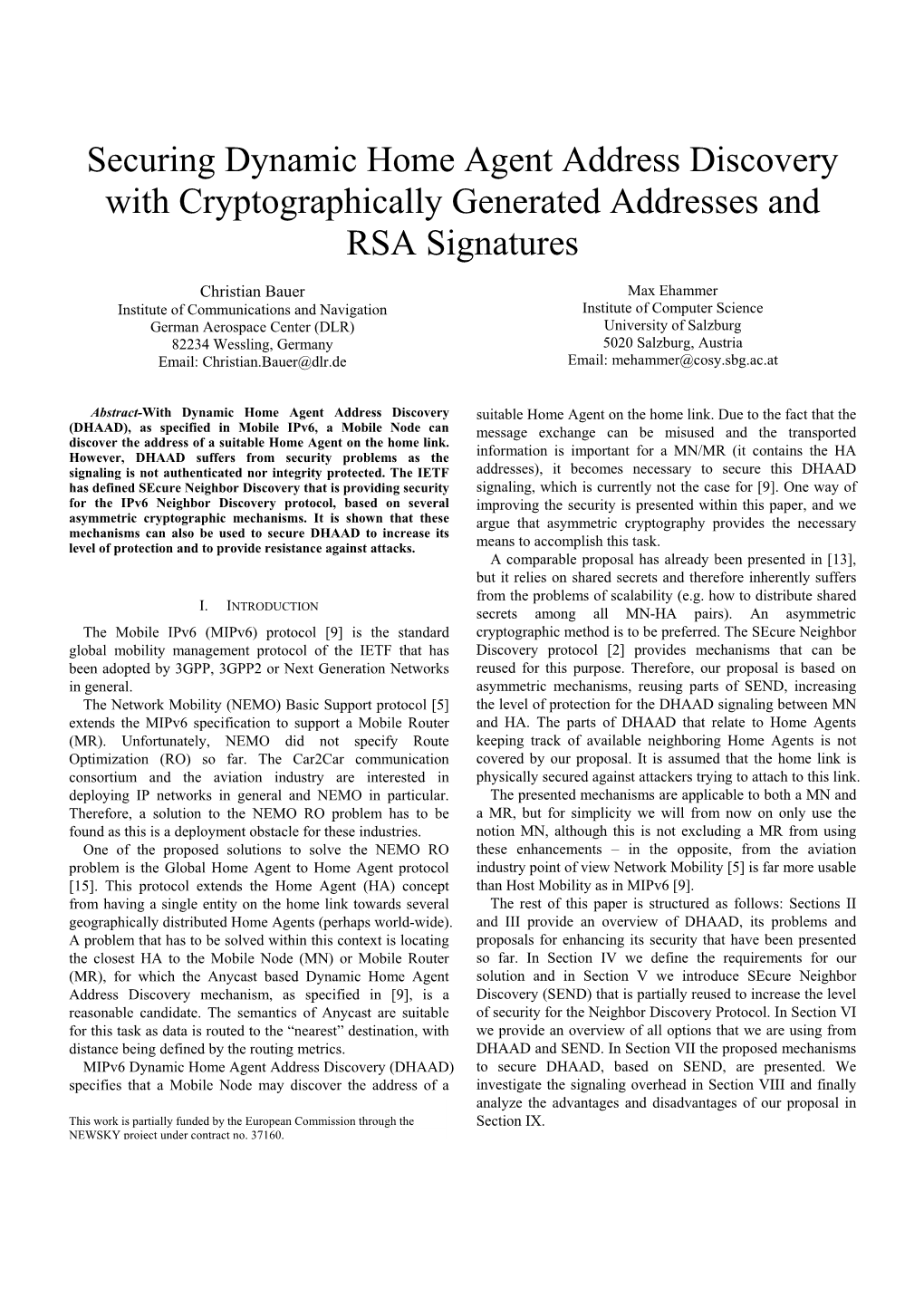 Securing Dynamic Home Agent Address Discovery with Cryptographically Generated Addresses and RSA Signatures