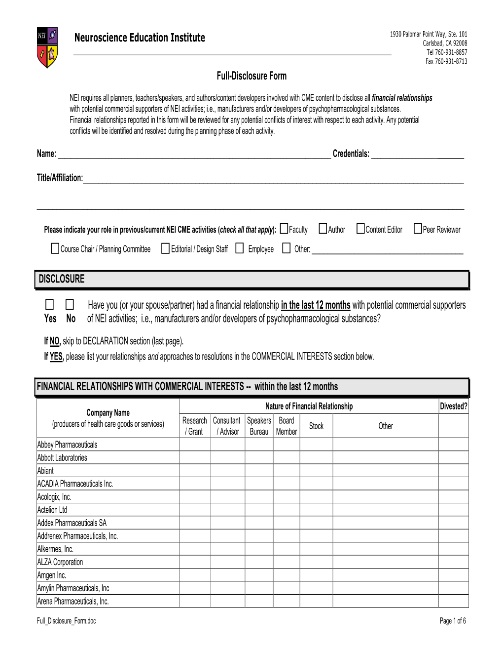 Neuroscience Education Institute Full-Disclosure Form Title/Affiliation