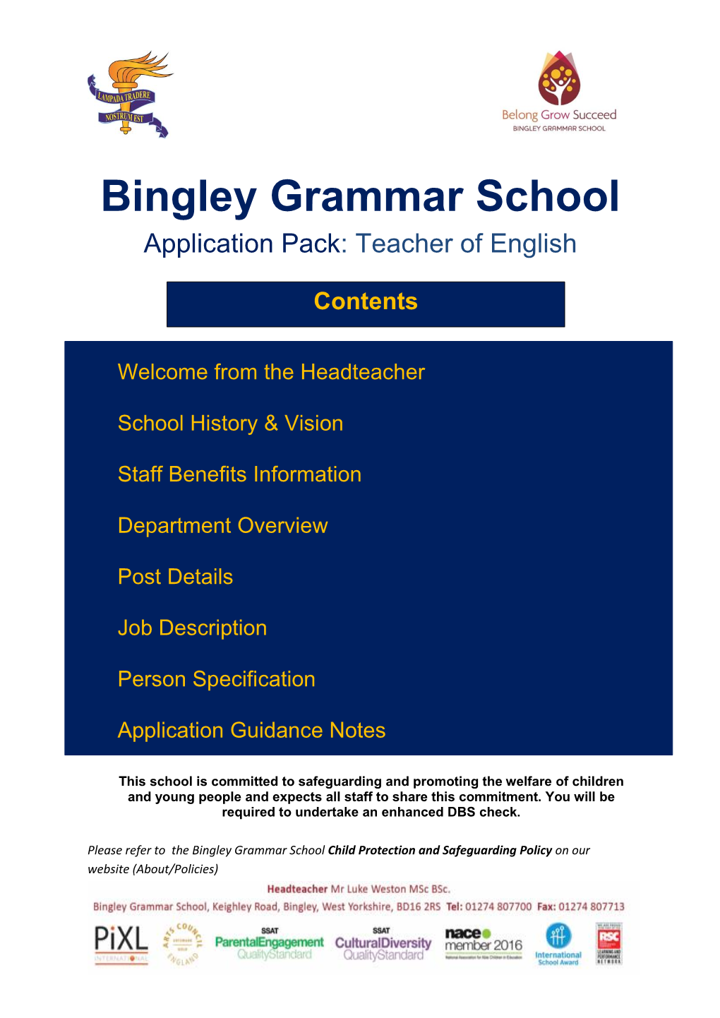 Bingley Grammar School Application Pack: Teacher of English