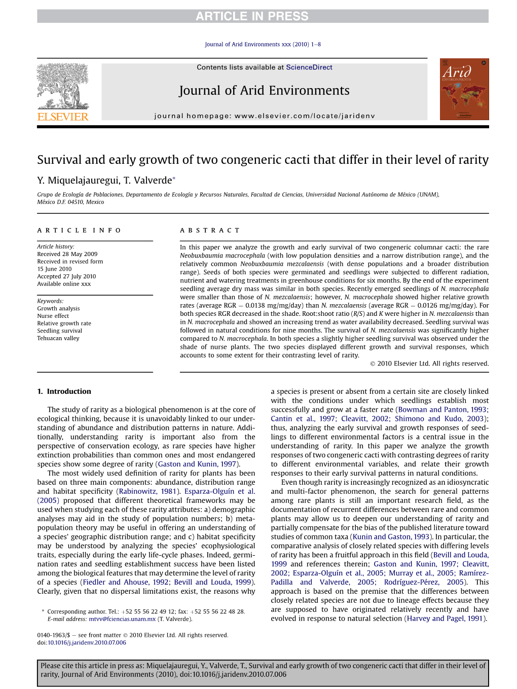 Survival and Early Growth of Two Congeneric Cacti That Differ in Their Level of Rarity