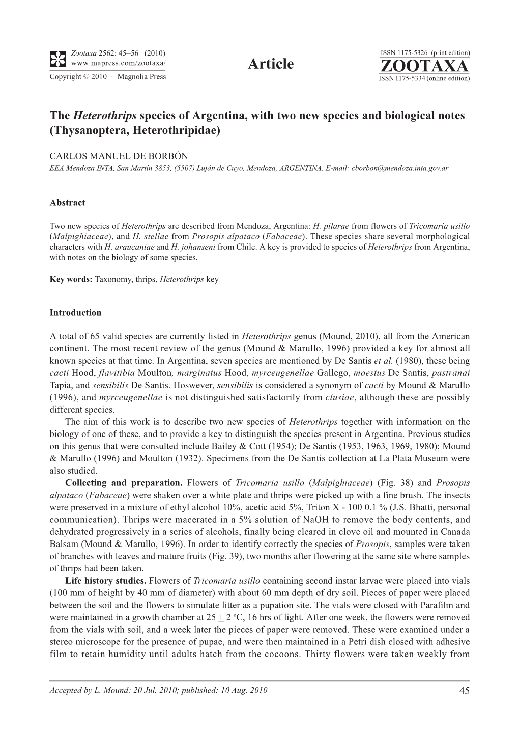 Zootaxa, the Heterothrips Species of Argentina, with Two New Species