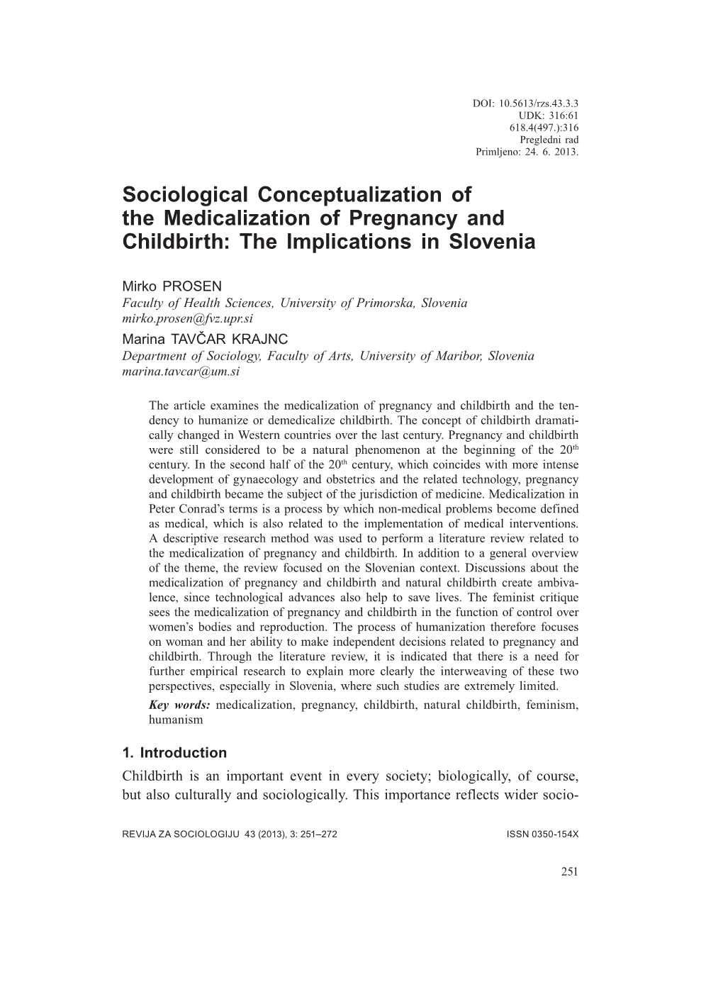 Sociological Conceptualization of the Medicalization of Pregnancy and Childbirth: the Implications in Slovenia