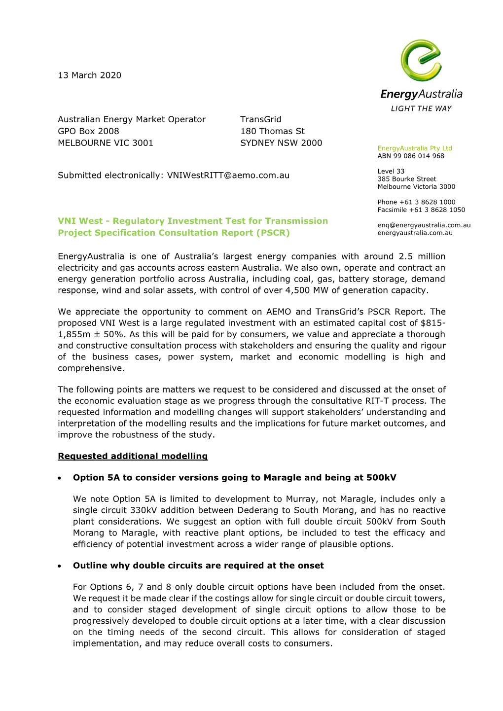 13 March 2020 Australian Energy Market Operator Transgrid GPO