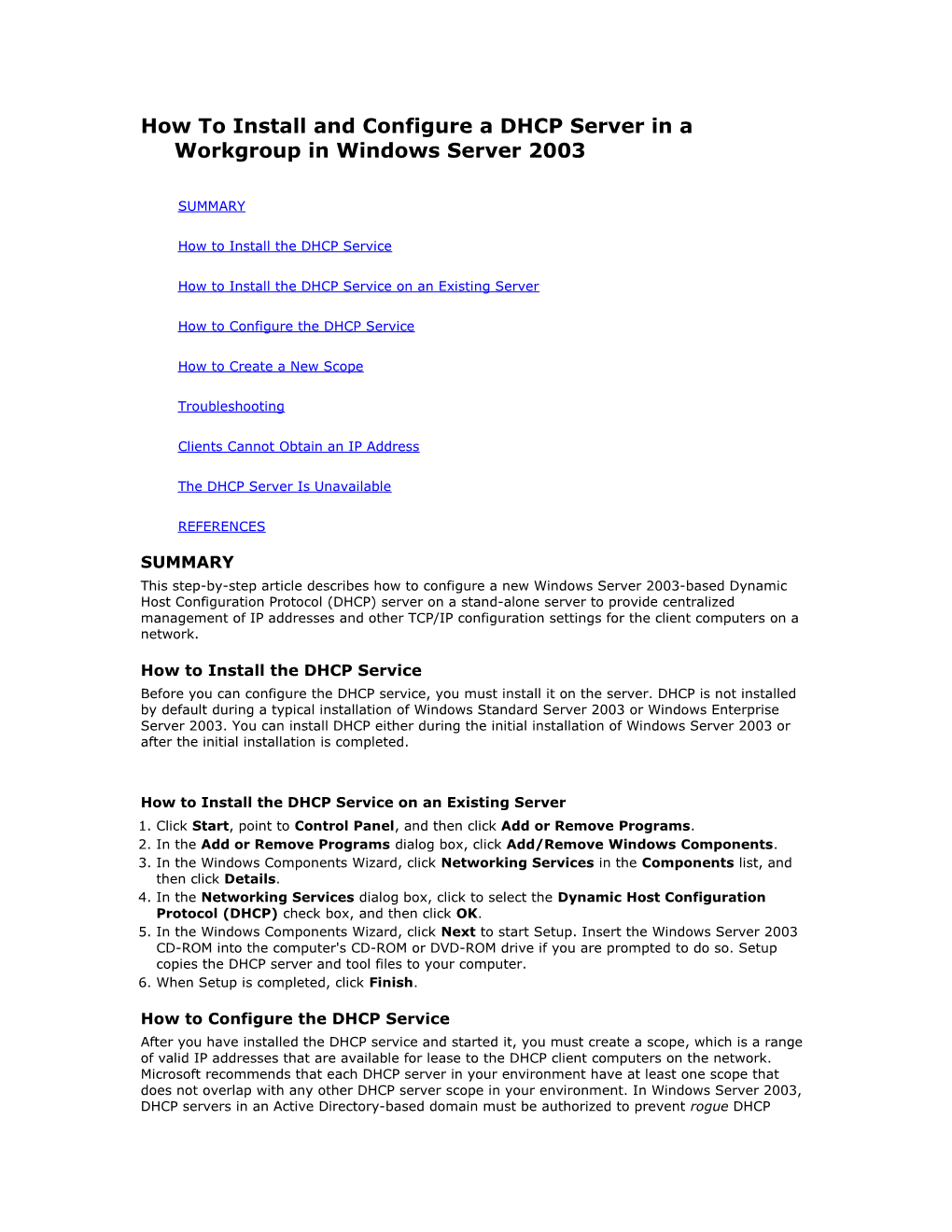 How To Install And Configure A DHCP Server In A Workgroup In Windows Server 2003