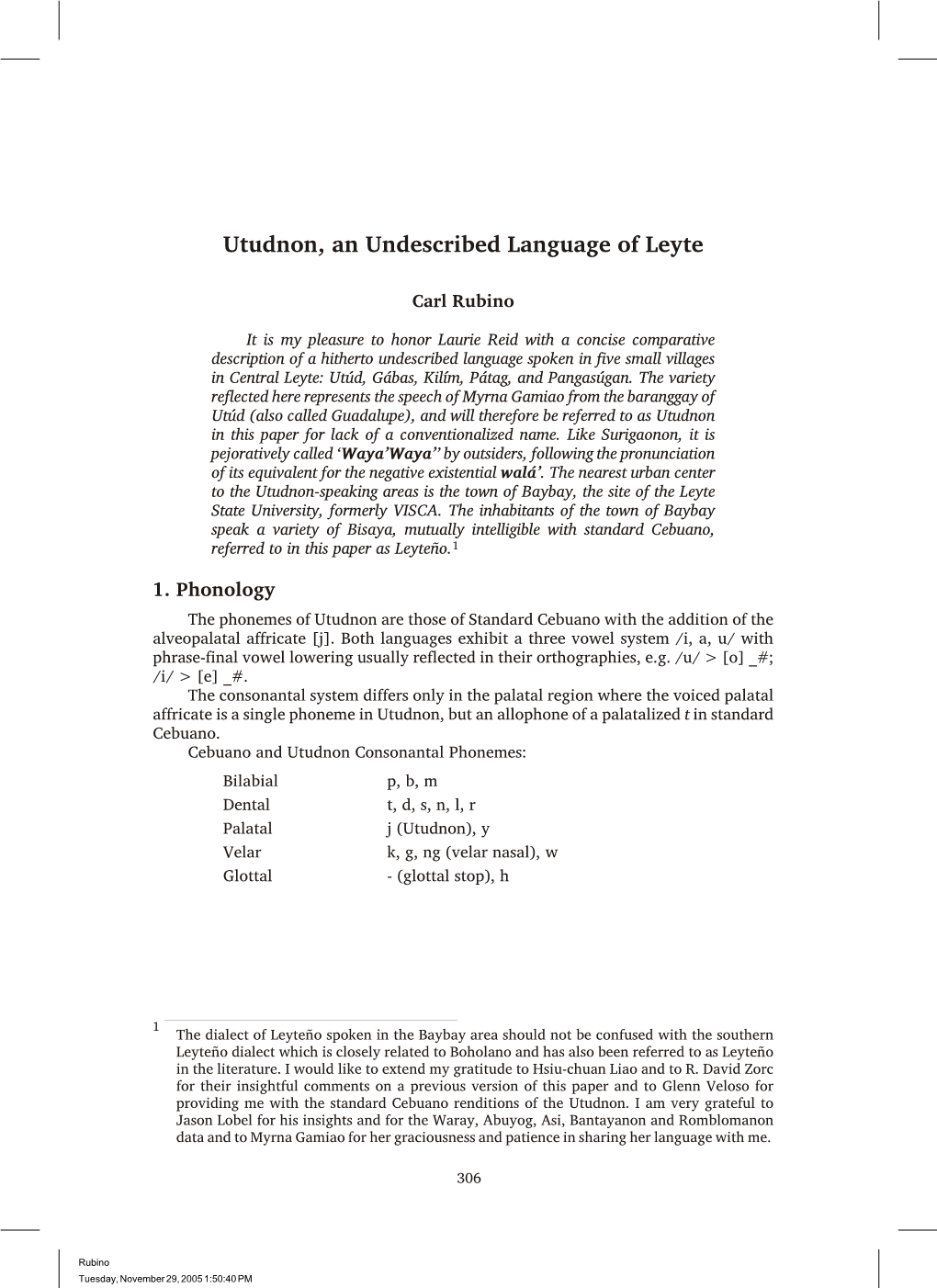 Utudnon, an Undescribed Language of Leyte