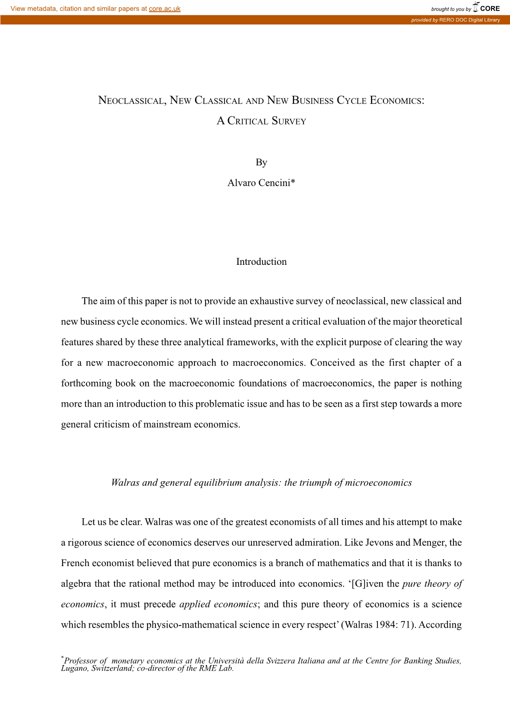 By Alvaro Cencini* Introduction the Aim of This Paper Is Not to Provide an Exhaustive Survey of Neoclassical, New Classical