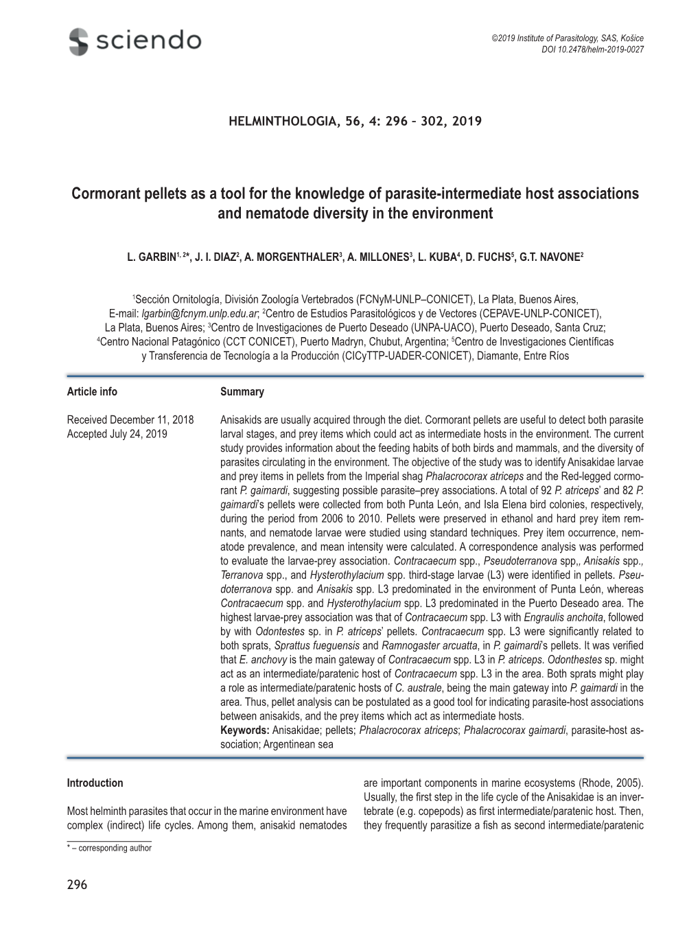 Cormorant Pellets As a Tool for the Knowledge of Parasite-Intermediate Host Associations and Nematode Diversity in the Environment