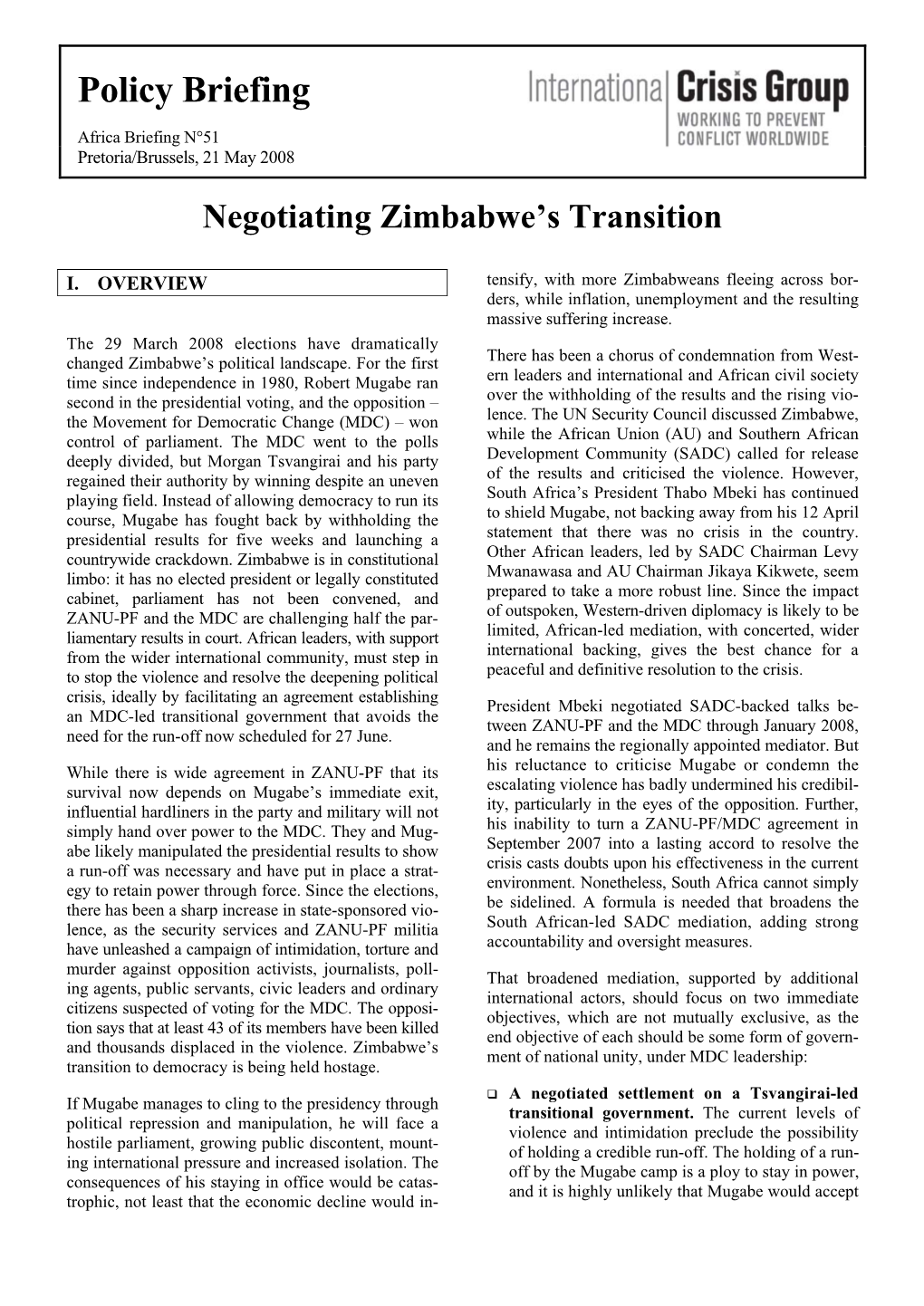 Africa Briefing, Nr. 51: Negotiating Zimbabwe's Transition