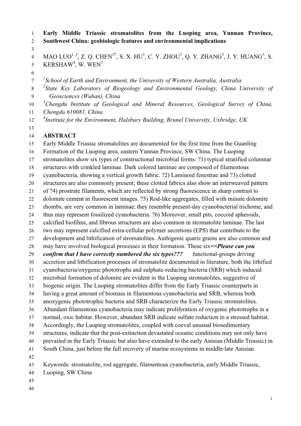 Early Middle Triassic Stromatolites from the Luoping Area, Yunnan Province, 2 Southwest China: Geobiologic Features and Environmental Implications 3 4 MAO LUO1, 2, Z