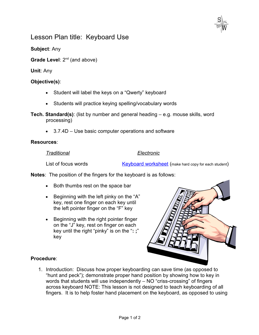 Lesson Plan Title: Keyboard Use