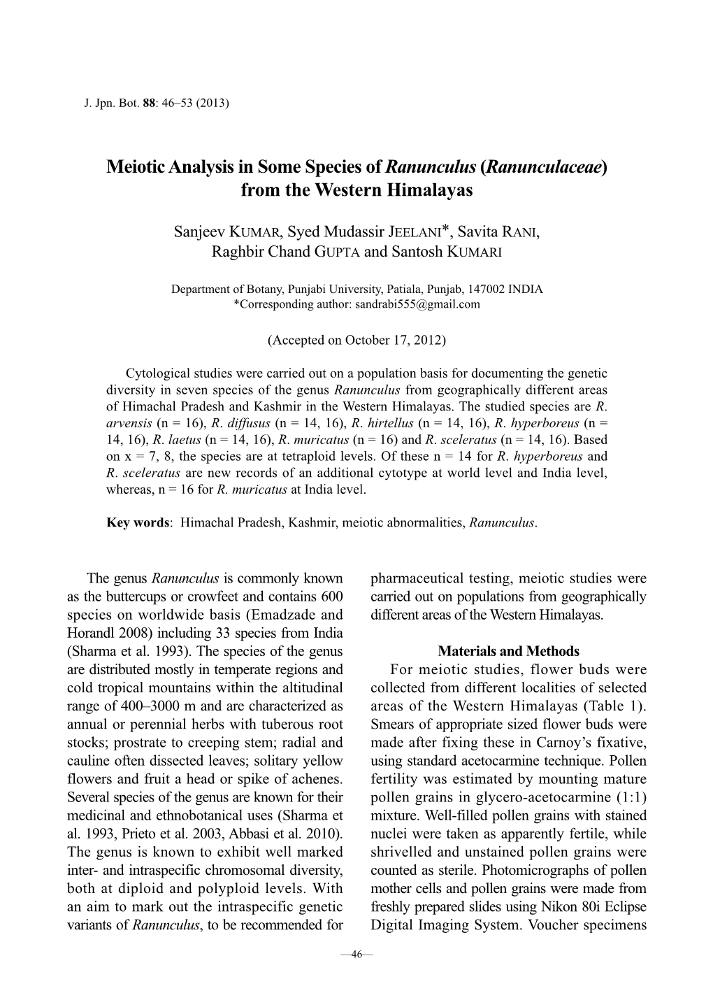 Meiotic Analysis in Some Species of Ranunculus (Ranunculaceae) from the Western Himalayas