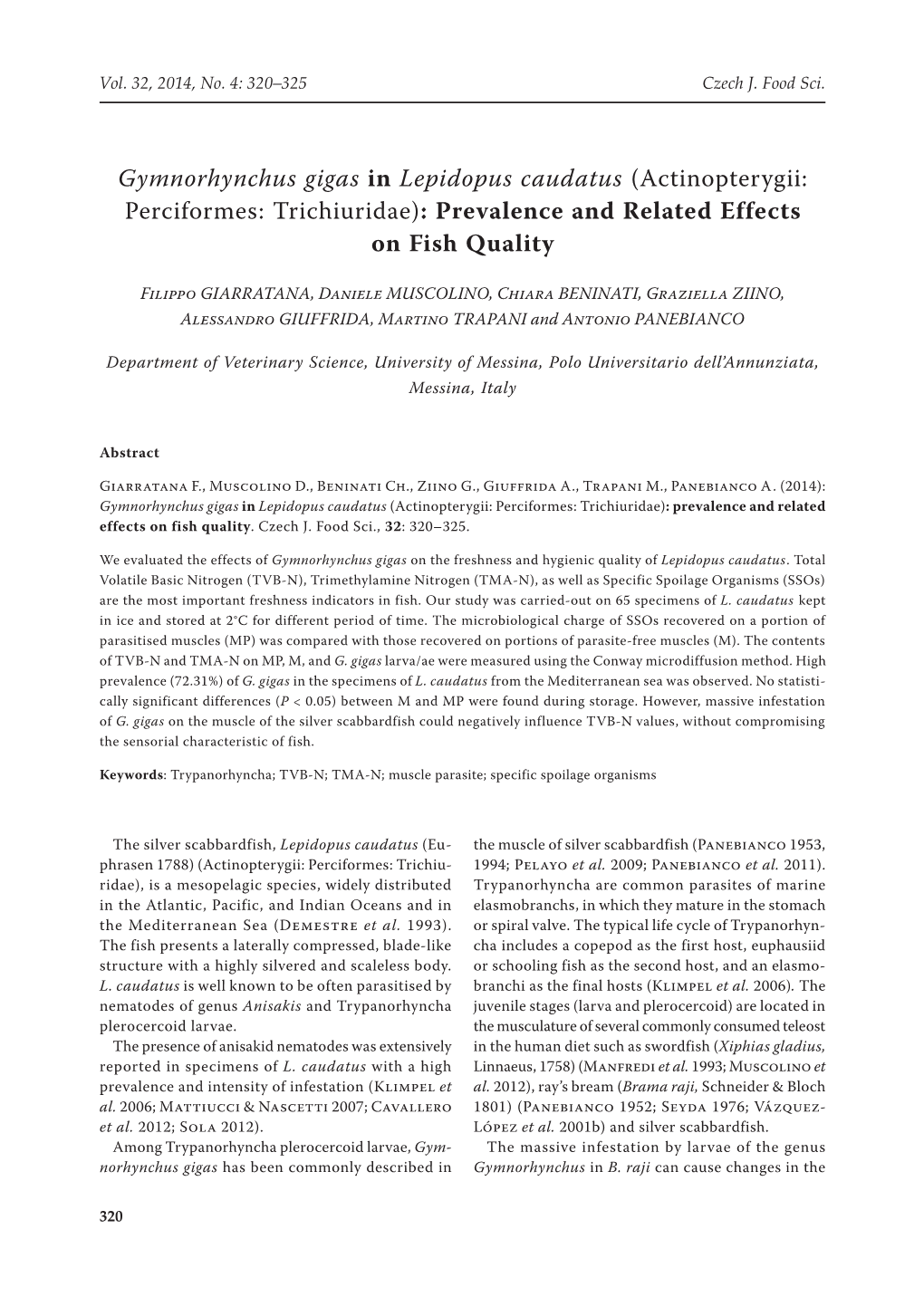 Gymnorhynchus Gigas in Lepidopus Caudatus (Actinopterygii: Perciformes: Trichiuridae): Prevalence and Related Effects on Fish Quality