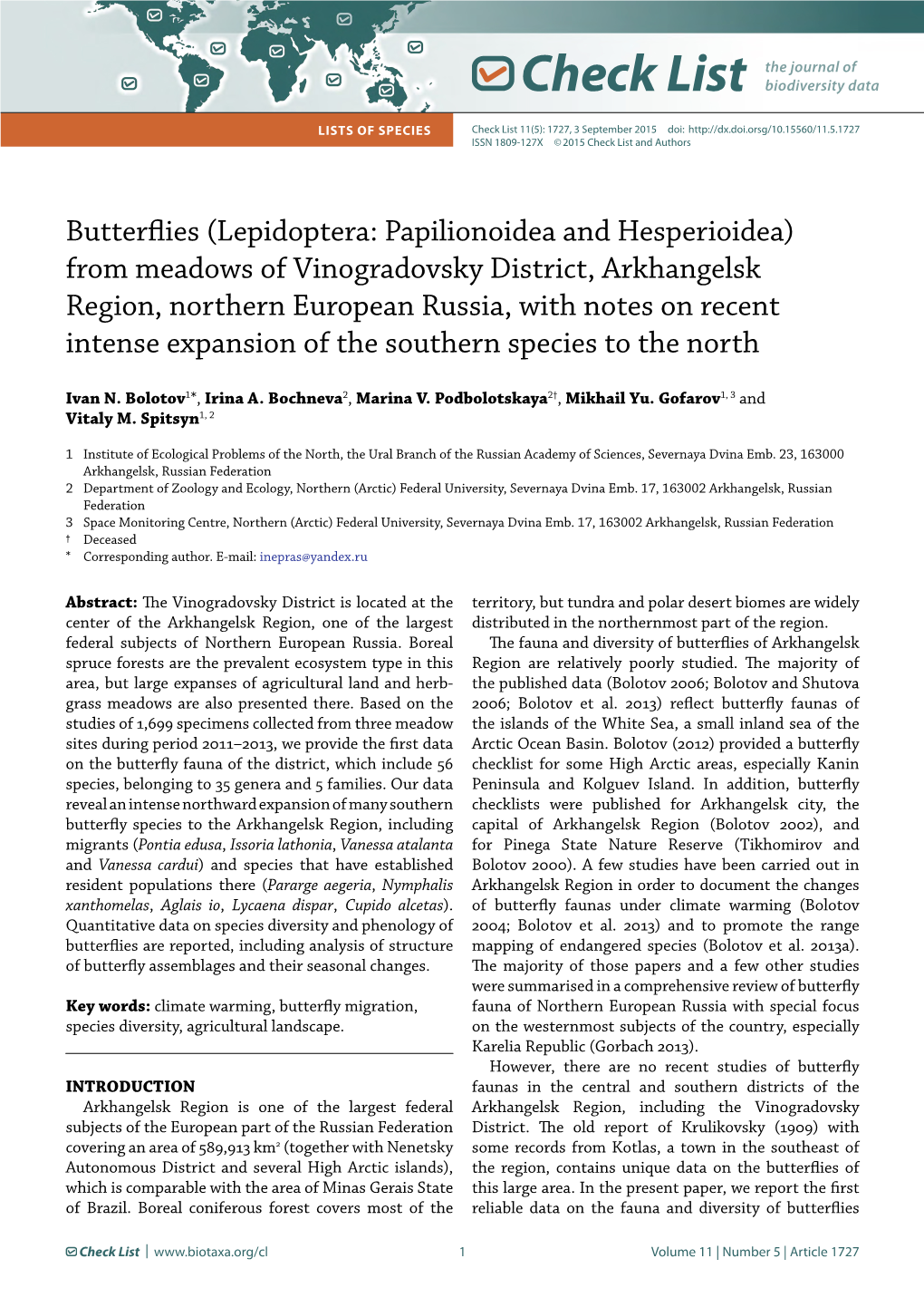 Check List Lists of Species Check List 11(5): 1727, 3 September 2015 Doi: ISSN 1809-127X © 2015 Check List and Authors