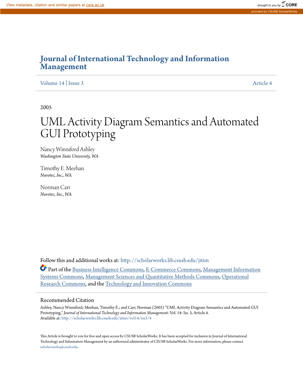 UML Activity Diagram Semantics and Automated GUI Prototyping Nancy Winniford Ashley Washington State University, WA