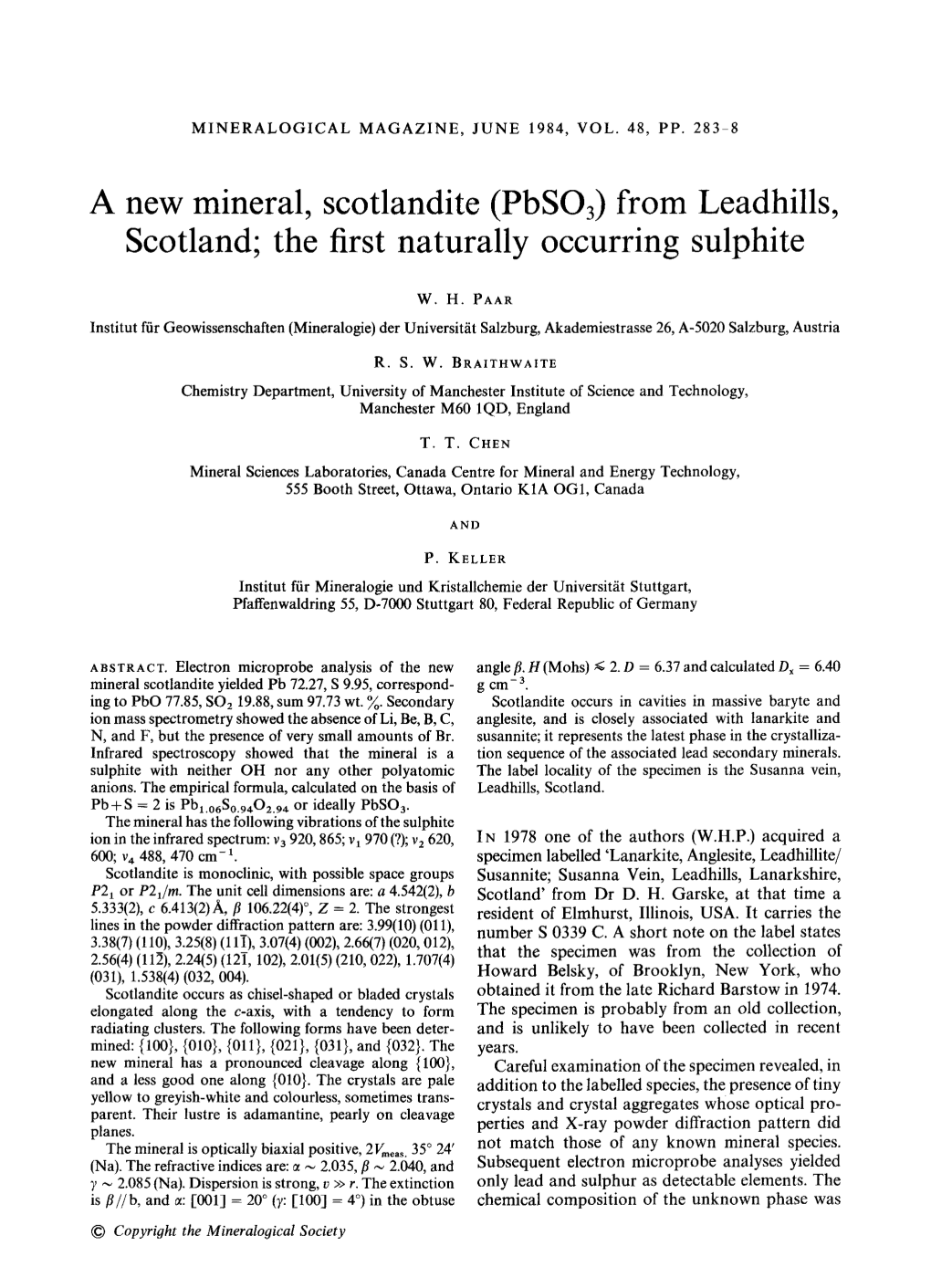 A New Mineral, Scotland; the Scotlandite (Pbso3) from Leadhills