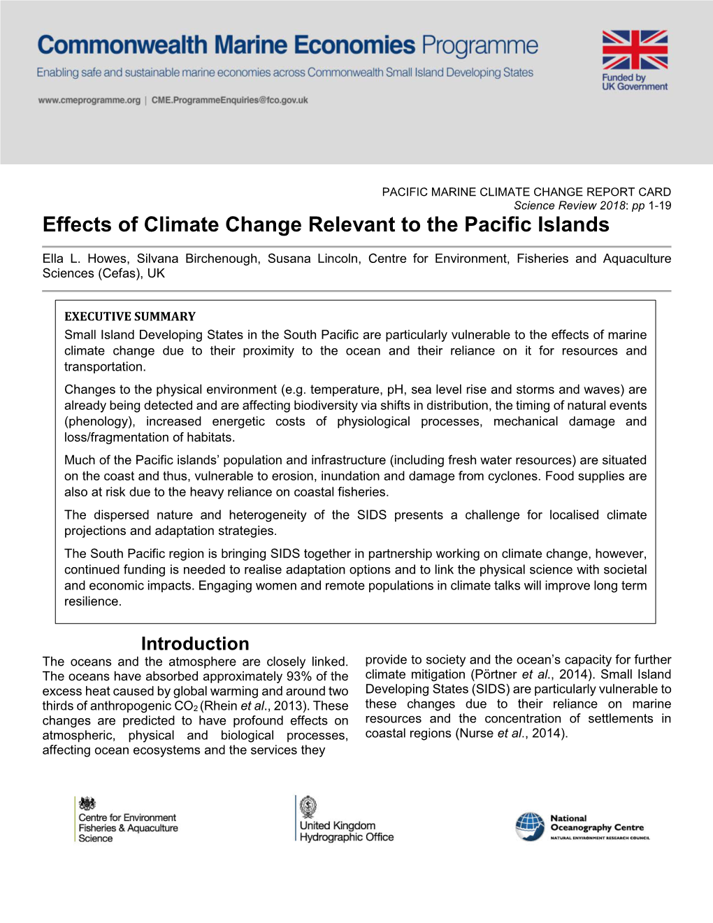 CLIMATE CHANGE REPORT CARD Science Review 2018: Pp 1-19 Effects of Climate Change Relevant to the Pacific Islands