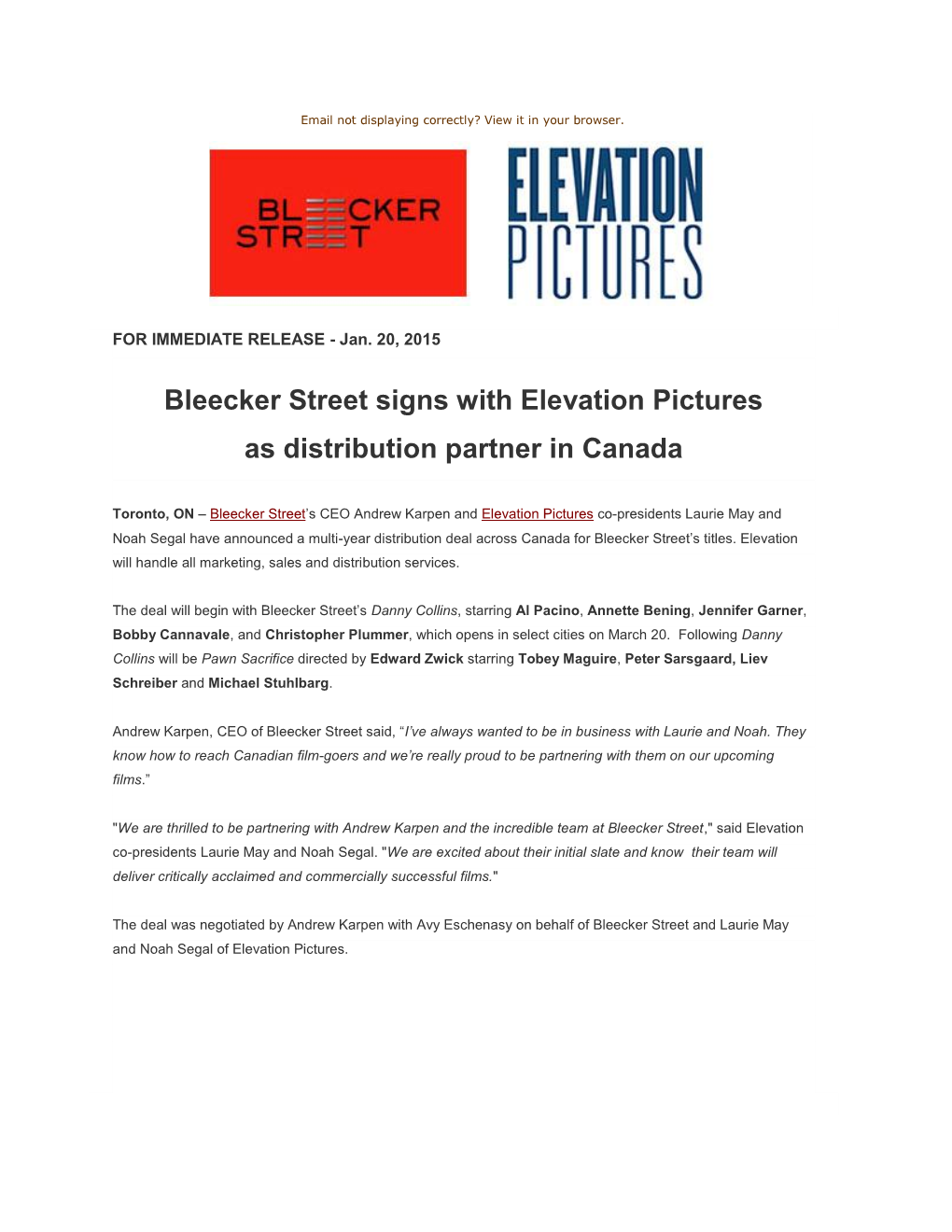 Bleecker Street Signs with Elevation Pictures As Distribution Partner In