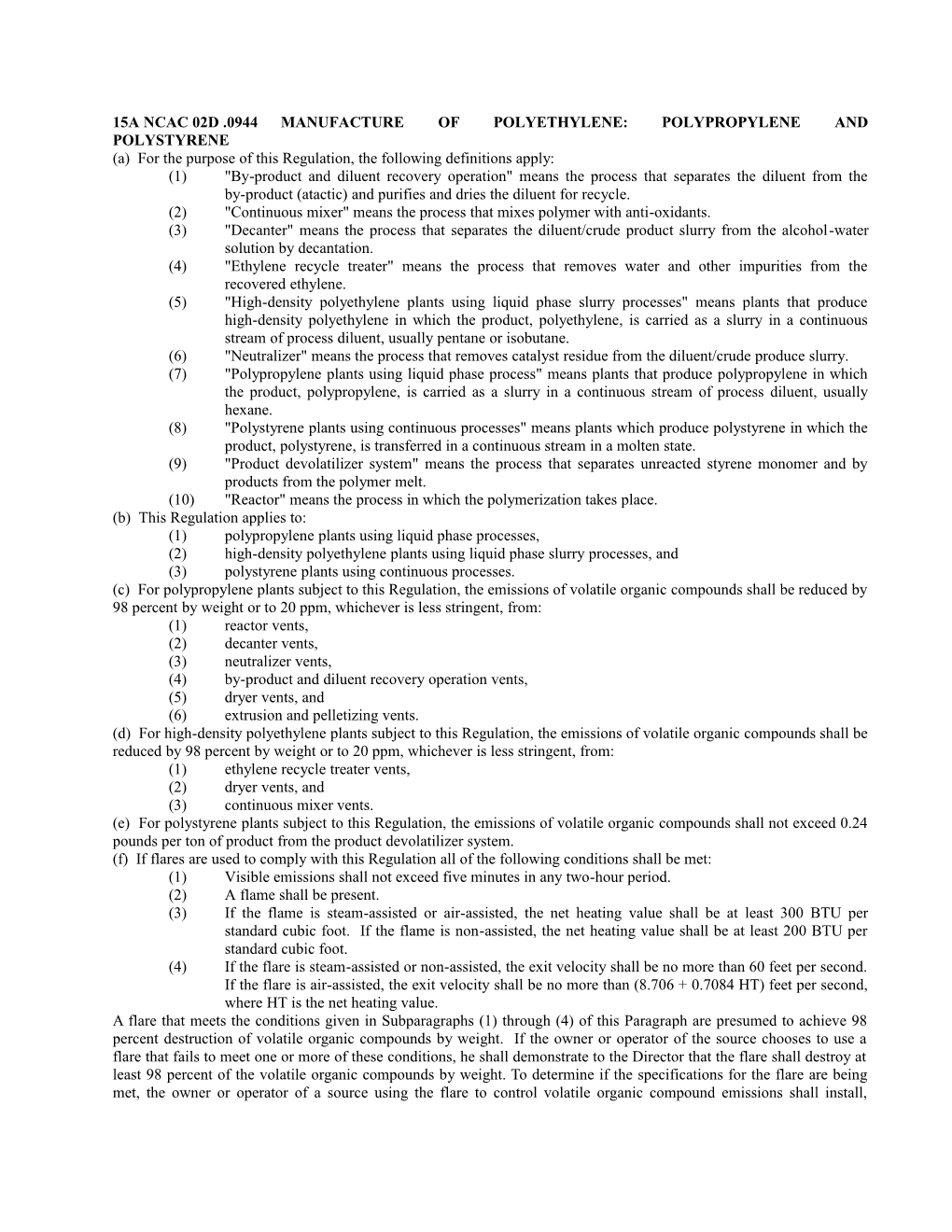 15A Ncac 02D .0944 Manufacture of Polyethylene: Polypropylene and Polystyrene