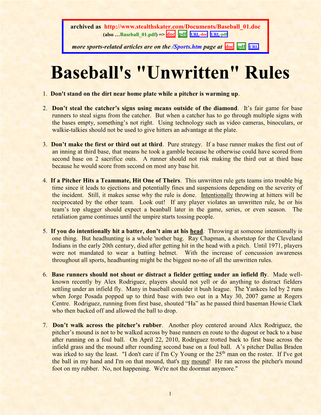 Baseball's "Unwritten" Rules