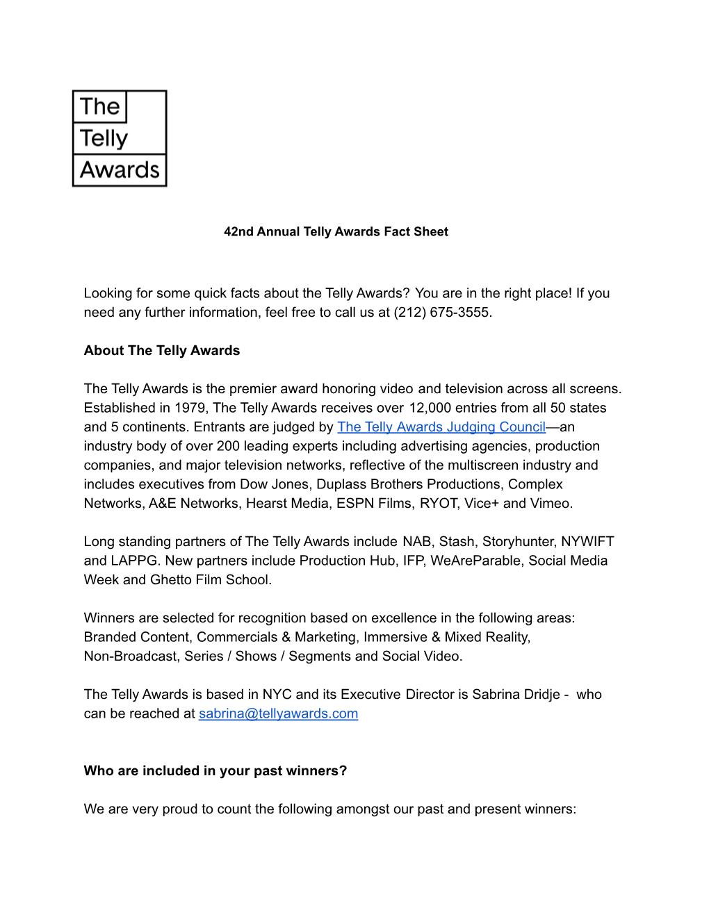 42Nd Annual Telly Awards Fact Sheet