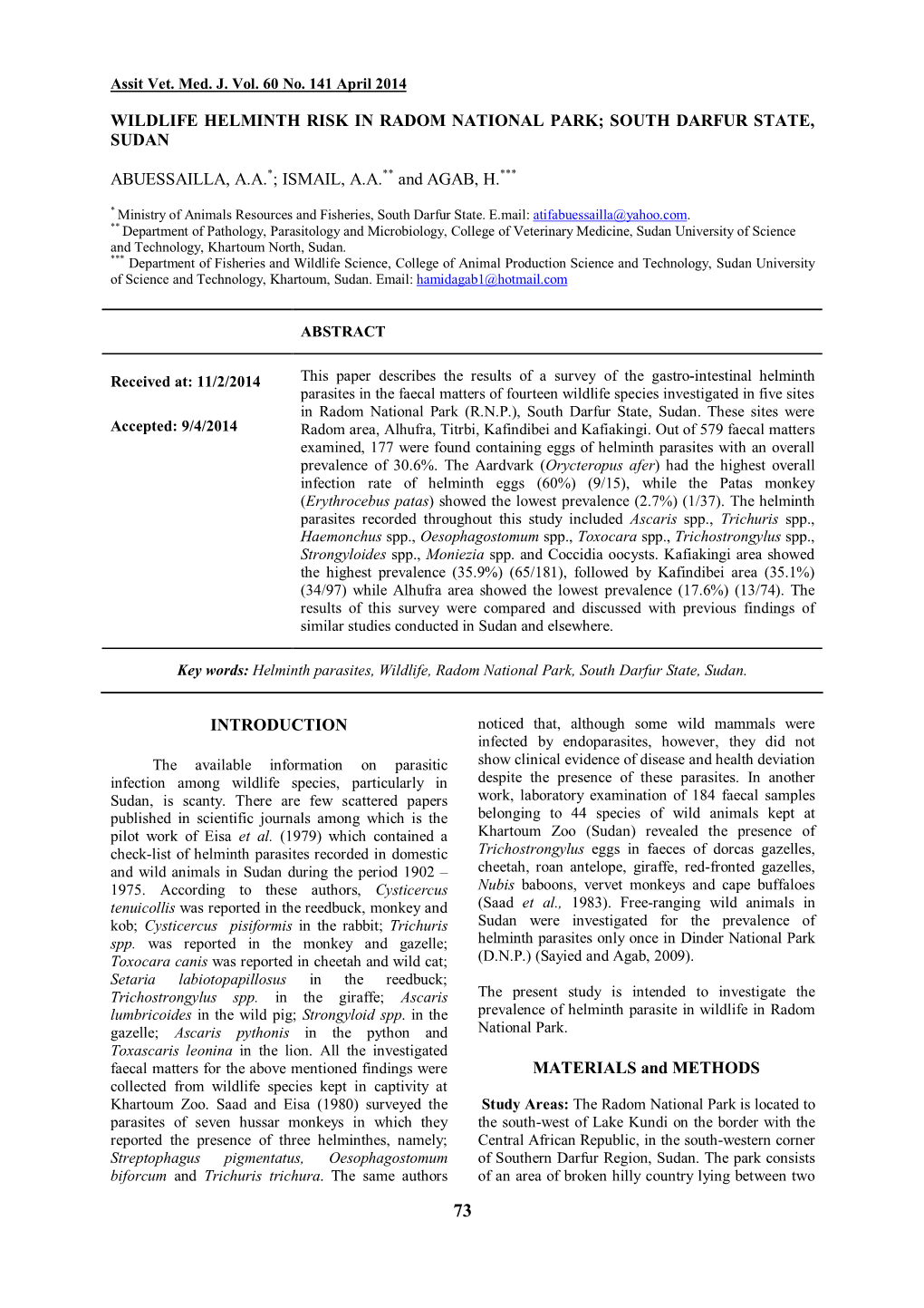 Wildlife Helminth Risk in Radom National Park; South Darfur State, Sudan