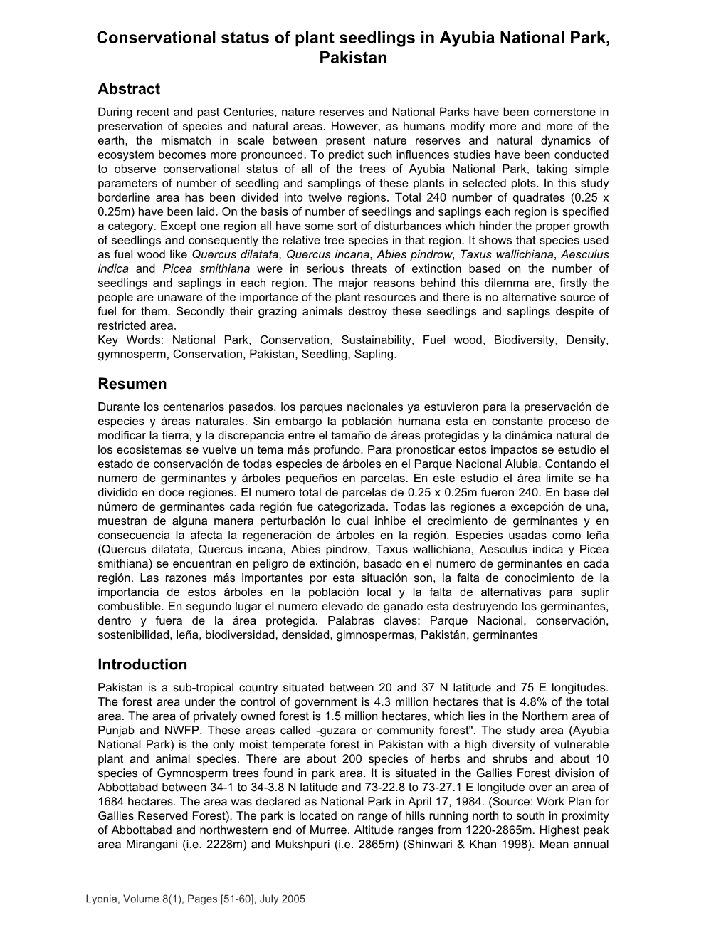 Conservational Status of Plant Seedlings in Ayubia National Park, Pakistan