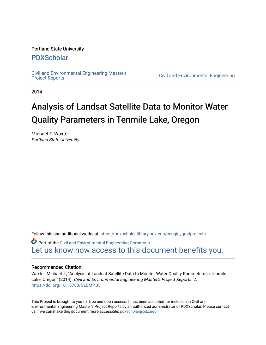 Analysis of Landsat Satellite Data to Monitor Water Quality Parameters in Tenmile Lake, Oregon