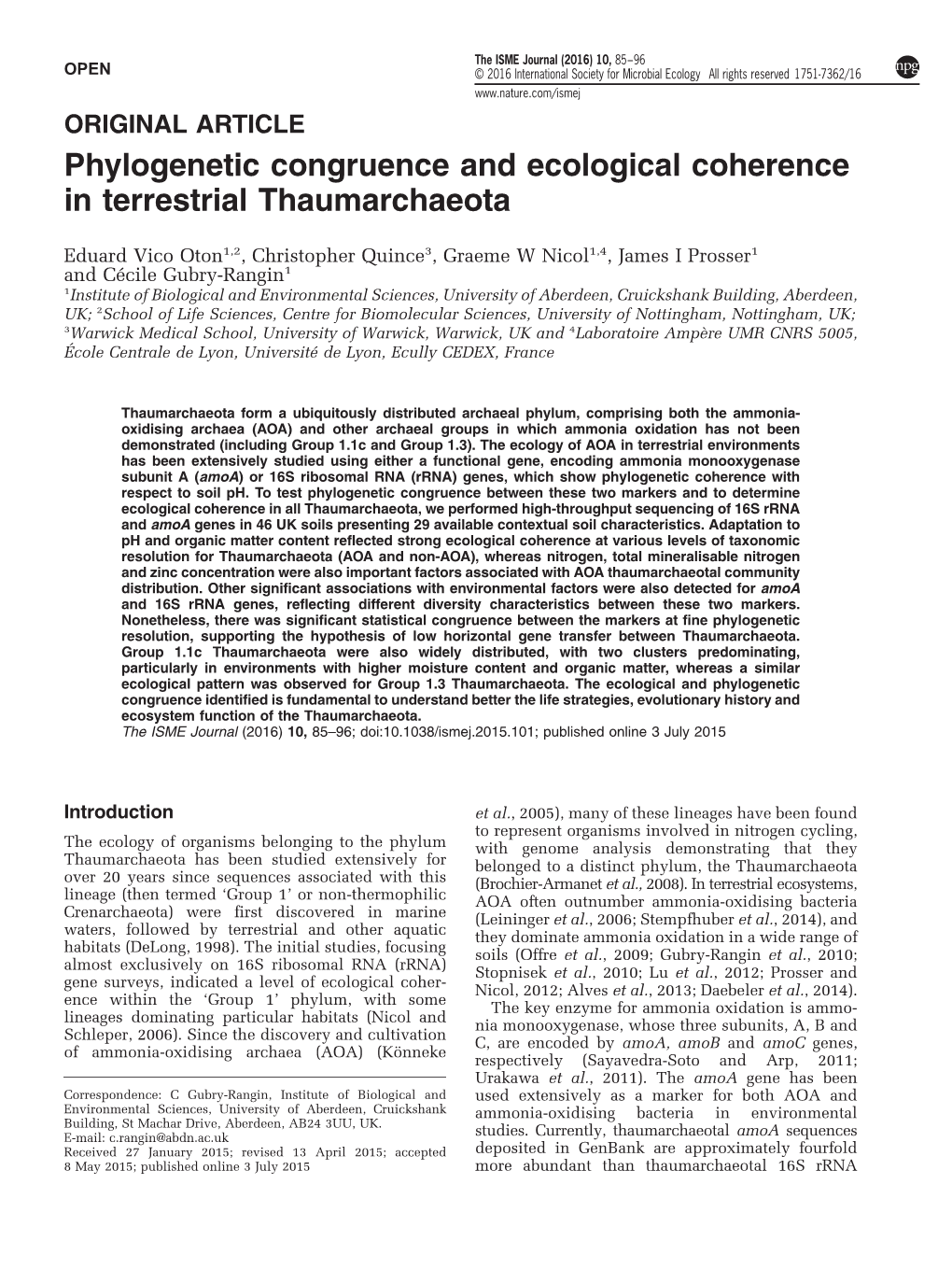 Phylogenetic Congruence and Ecological Coherence in Terrestrial Thaumarchaeota