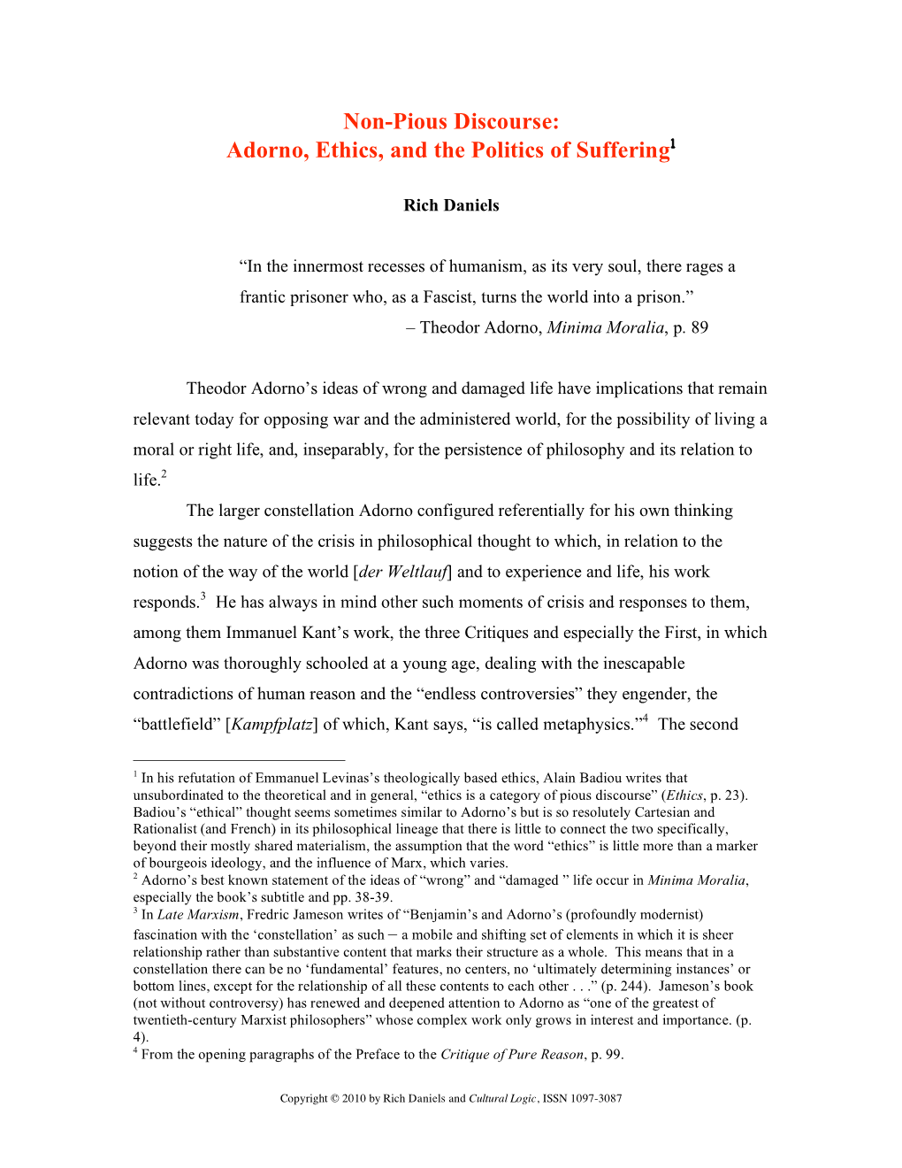 Adorno, Ethics, and the Politics of Suffering1