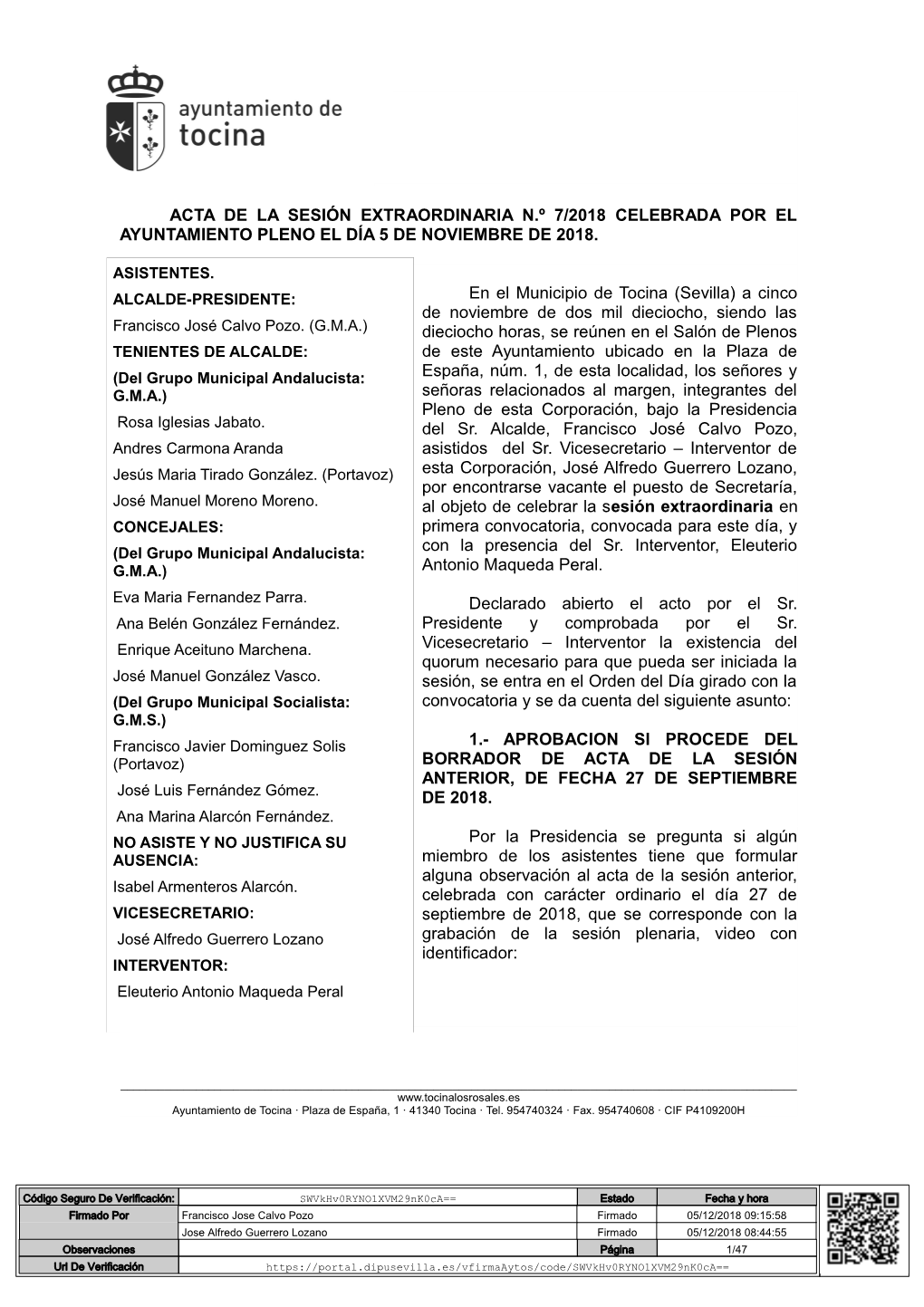 Acta De La Sesión Extraordinaria N.º 7/2018 Celebrada Por El Ayuntamiento Pleno El Día 5 De Noviembre De 2018