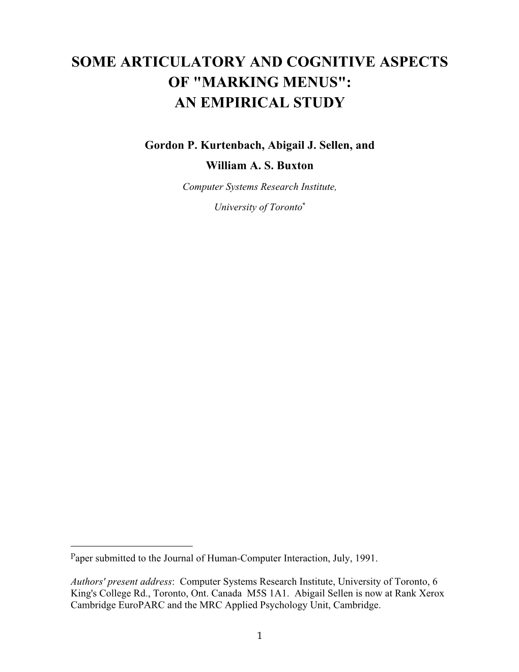 Some Articulatory and Cognitive Aspects of "Marking Menus": an Empirical Study