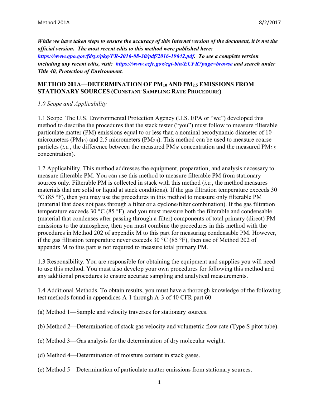 Method 201A—Determination of Pm 10 and Pm 2.5 Emissions