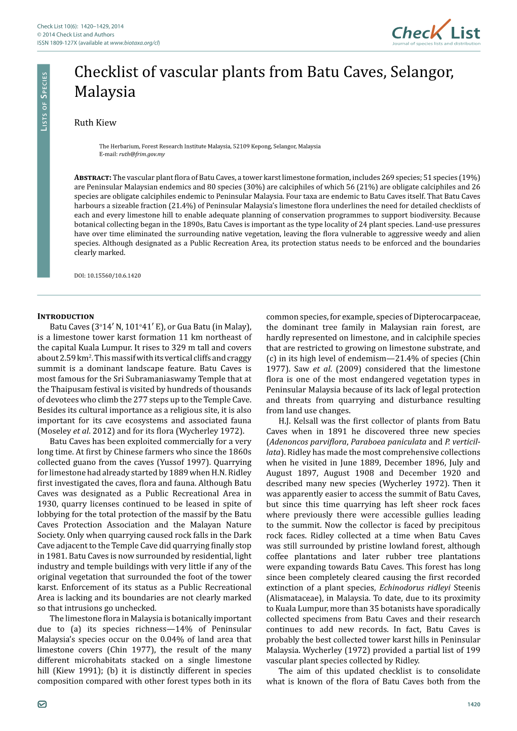 Checklist of Vascular Plants from Batu Caves, Selangor, Malaysia