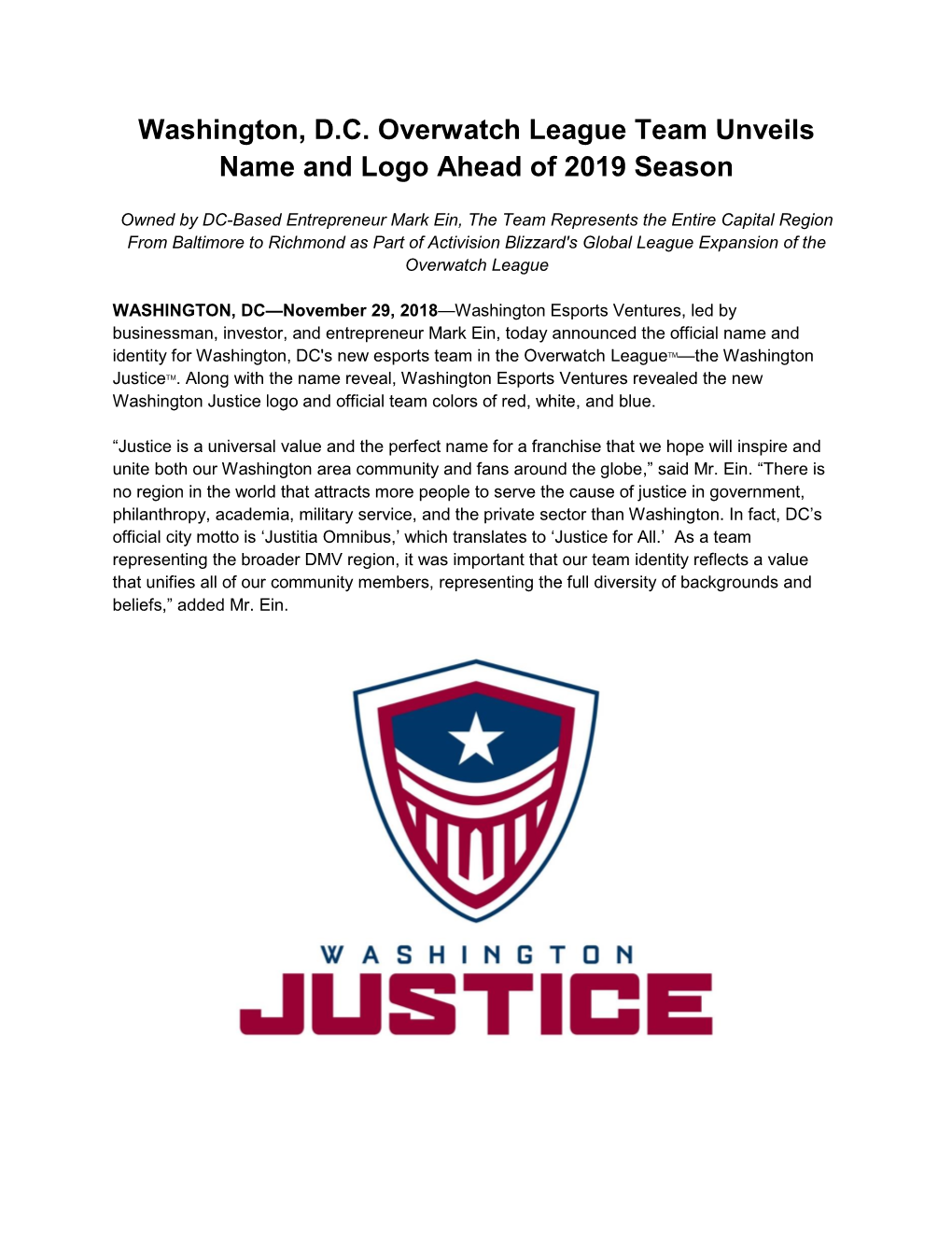 Washington, D.C. Overwatch League Team Unveils Name and Logo Ahead of 2019 Season