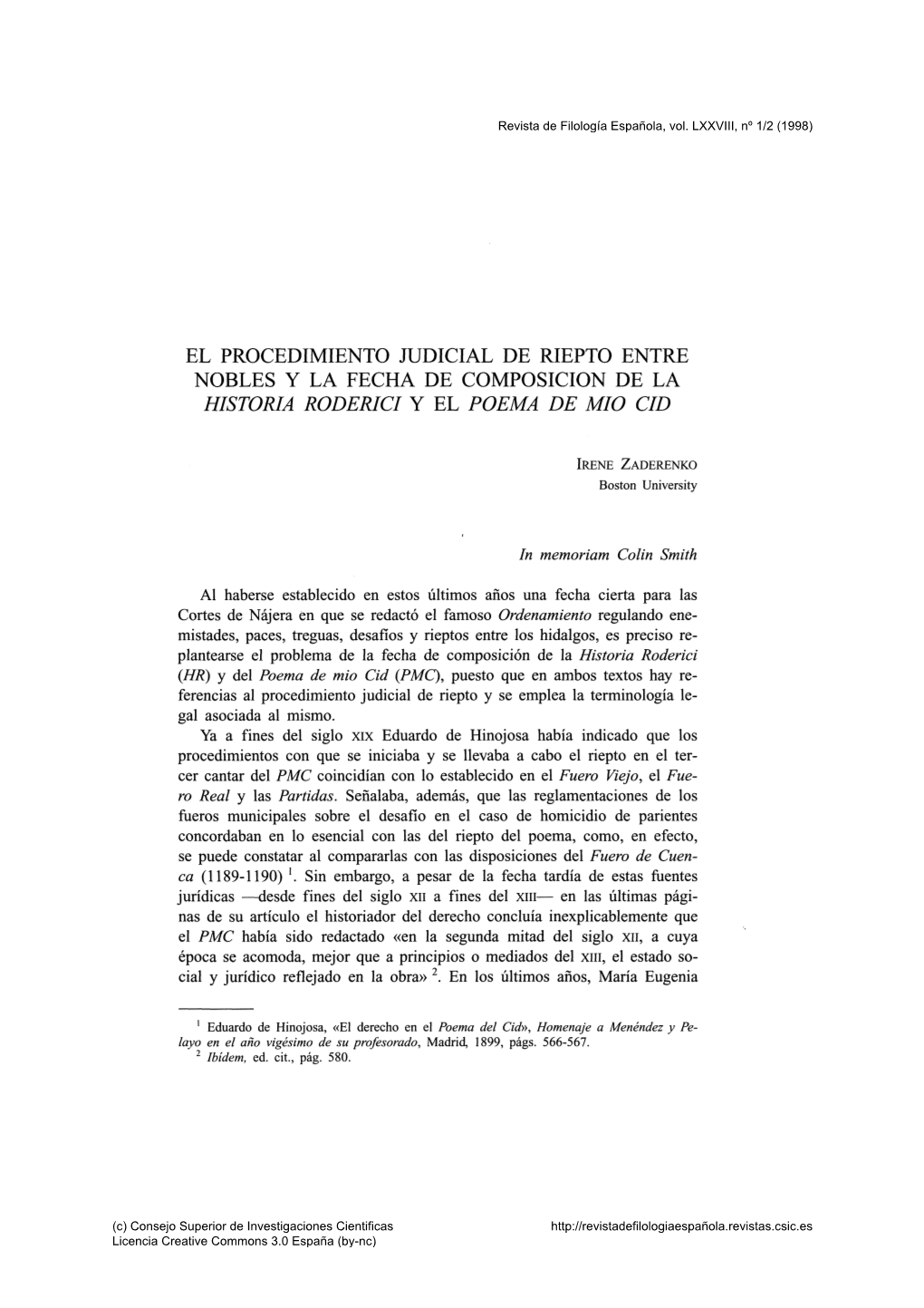 El Procedimiento Judicial De Riepto Entre Nobles Y La Fecha De Composición De La Historia Roderici Y El Poema De Mió Cid