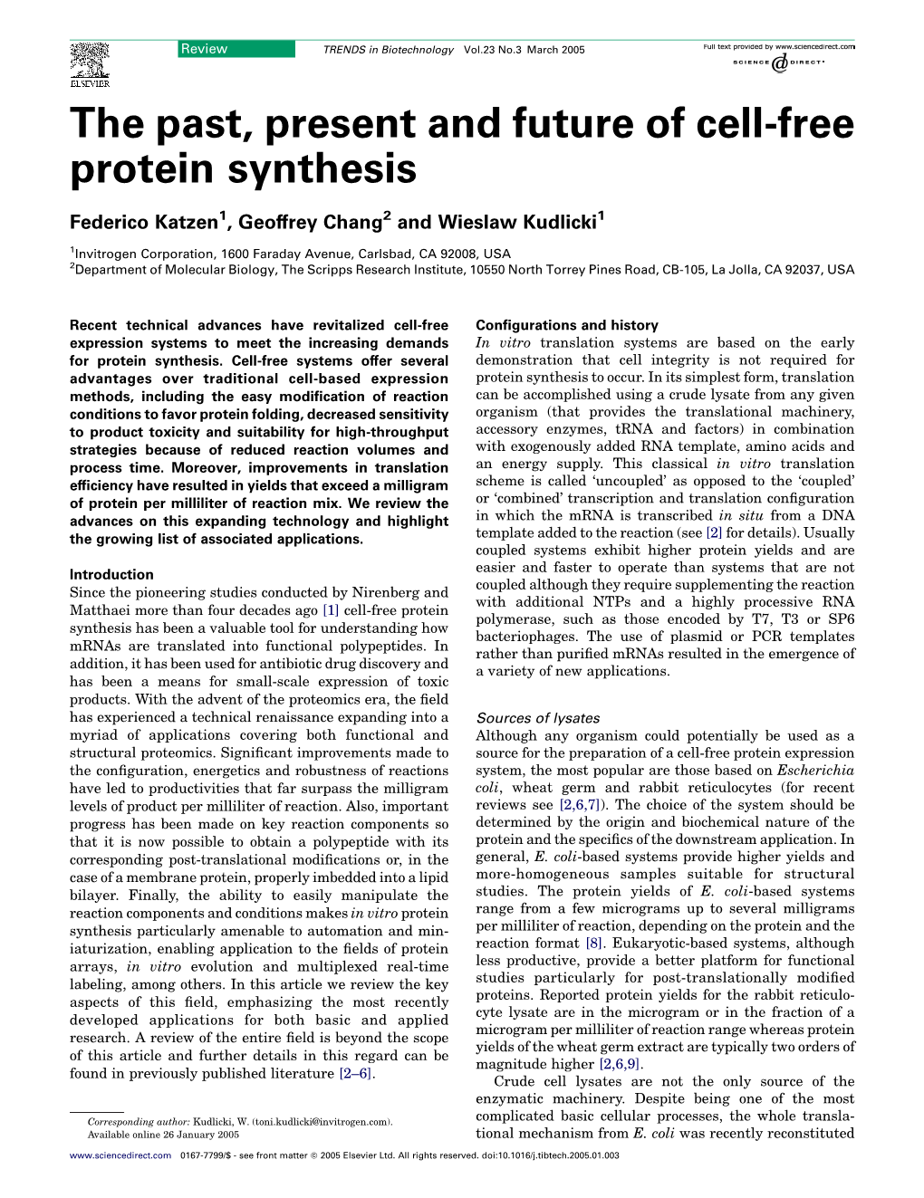 F. Katzen Et Al. the Past, Present and Future of Cell-Free Protein Synthesis