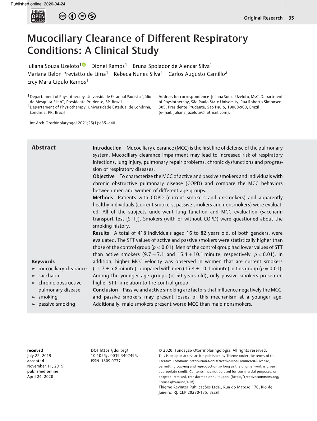 Mucociliary Clearance of Different Respiratory Conditions: a Clinical Study