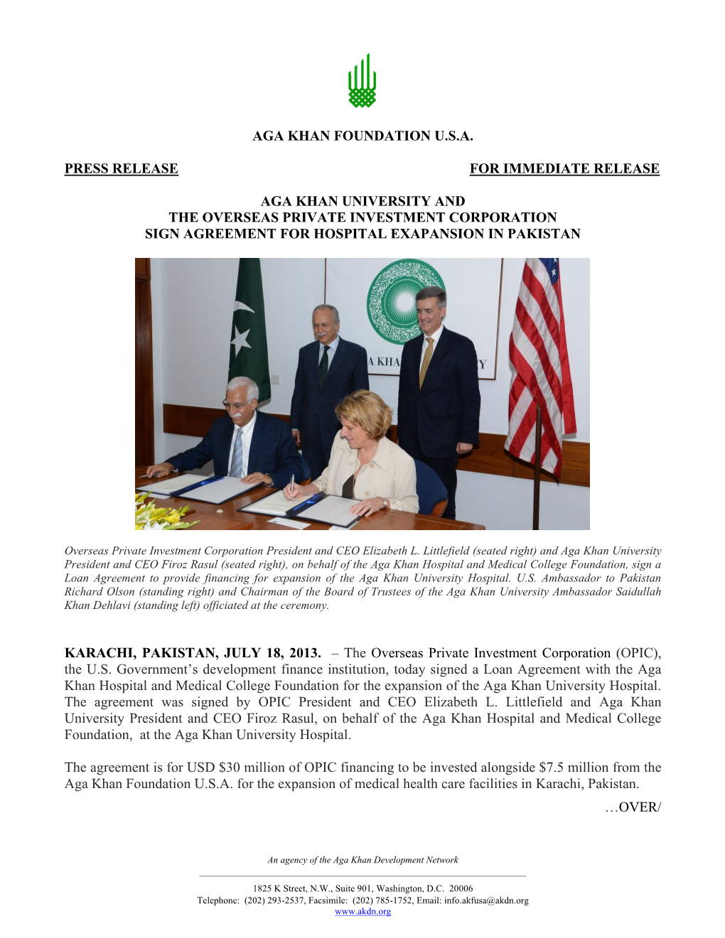 Aga Khan Foundation U.S.A. Press Release For