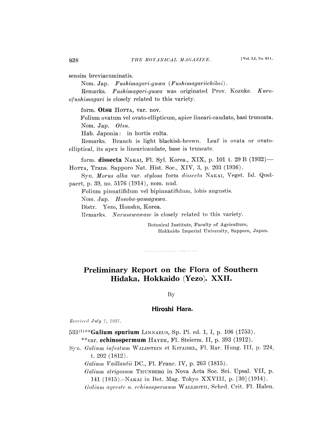 Preliminary Report on the Flora of Southern Hidaka, Hokkaido (Yezo). XXII