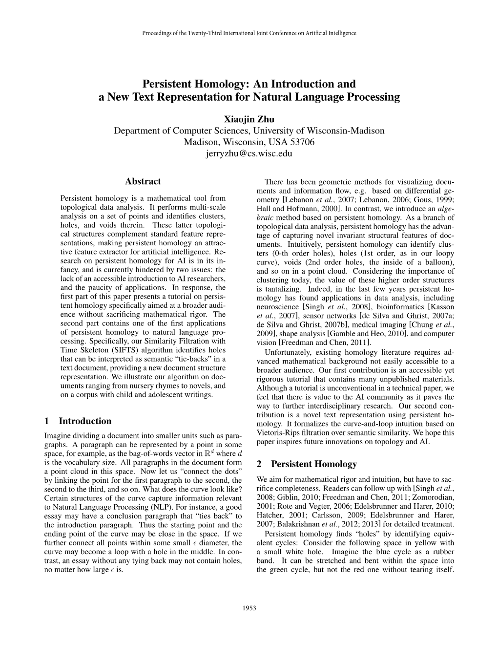 Persistent Homology: an Introduction and a New Text Representation for Natural Language Processing