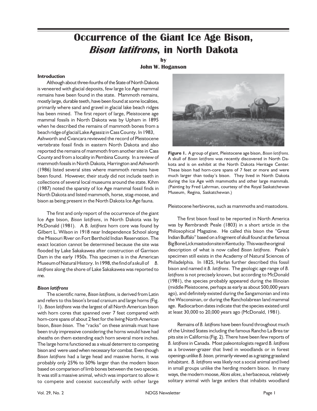 Occurrence of the Giant Ice Age Bison, Bison Latifrons, in North Dakota