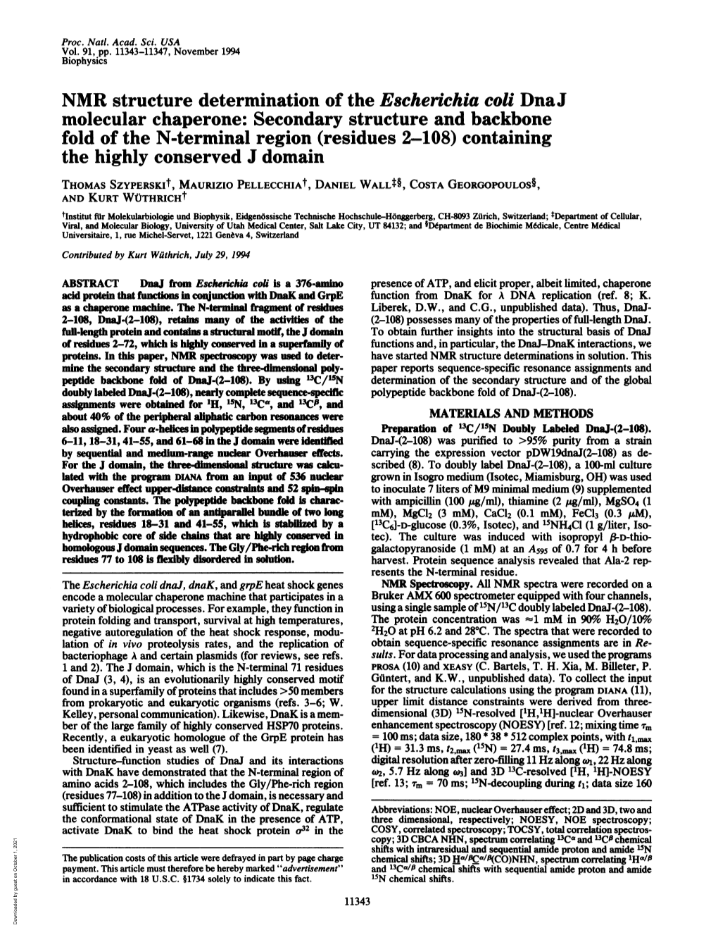 NMR Structure Determination of the Escherichia Coli Dnaj