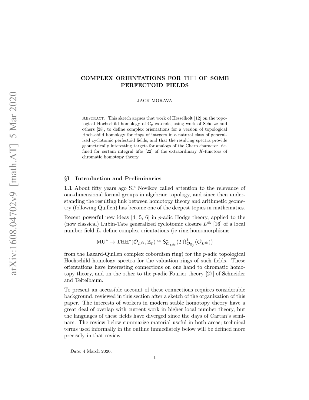 Complex Orientations for Thh of Some Perfectoid Fields 3