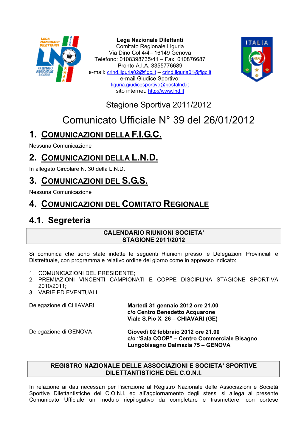 Comunicato Ufficiale Comitato Regionale Liguria